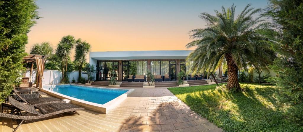 a house with a swimming pool and a palm tree at Dachis Villa Private Pool Retreat in Batumi