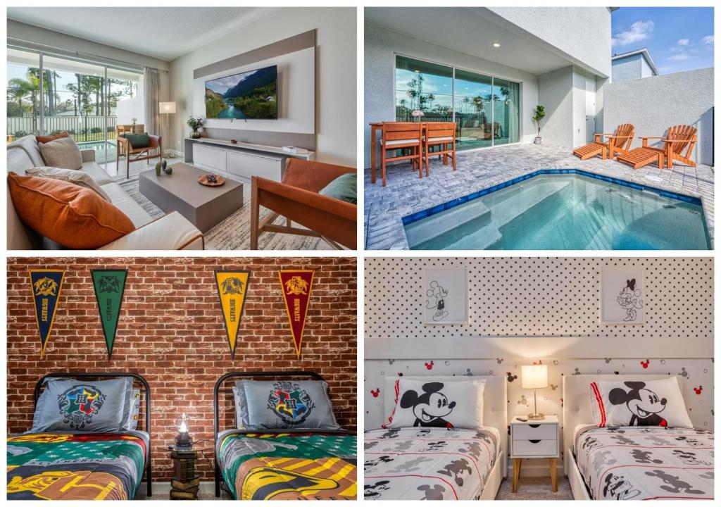 a collage of four pictures of a house with a pool at Formosa Valley by UNE Homes in Orlando