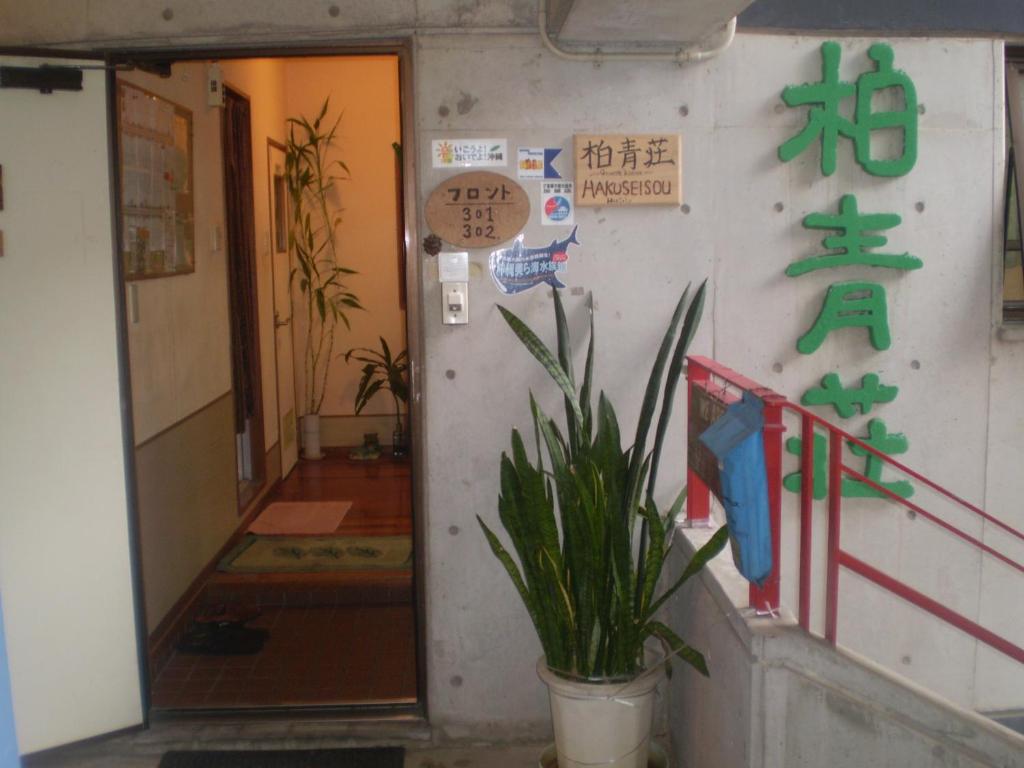 una puerta a una habitación con una planta al lado en Hostel Hakuseiso, en Naha