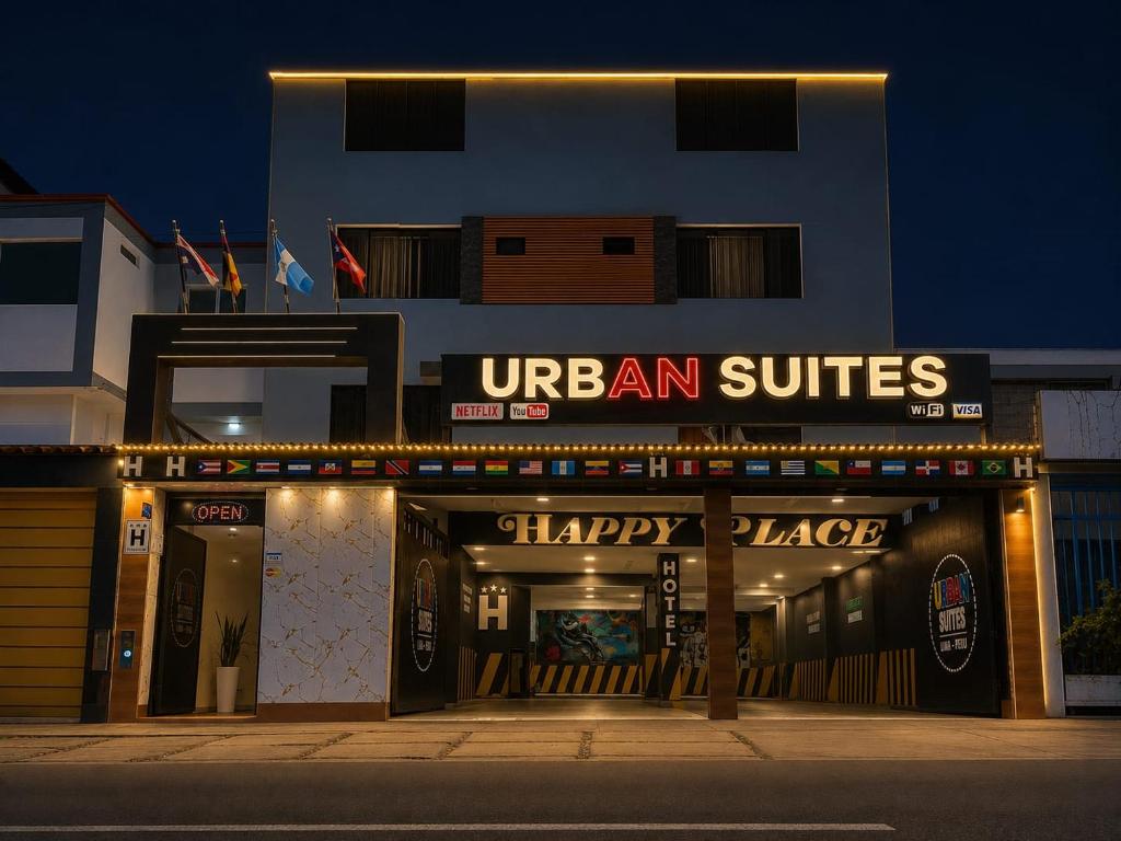 a store front with a happy face sign on it at URBAN suites in Lima