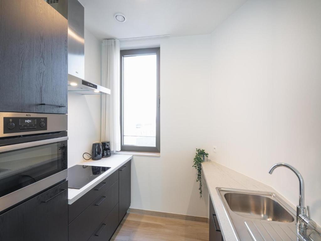 a kitchen with black cabinets and a sink at Spacious City Retreat with Balcony in Antwerp