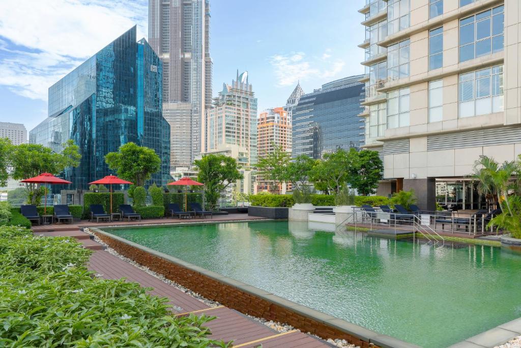 A landscaped outdoor pool surrounded by loungers, umbrellas and city towers.