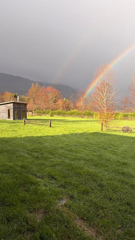 a rainbow in a field with a tree and a building at Cabaña Nahuelbuta Adventure in Cañete