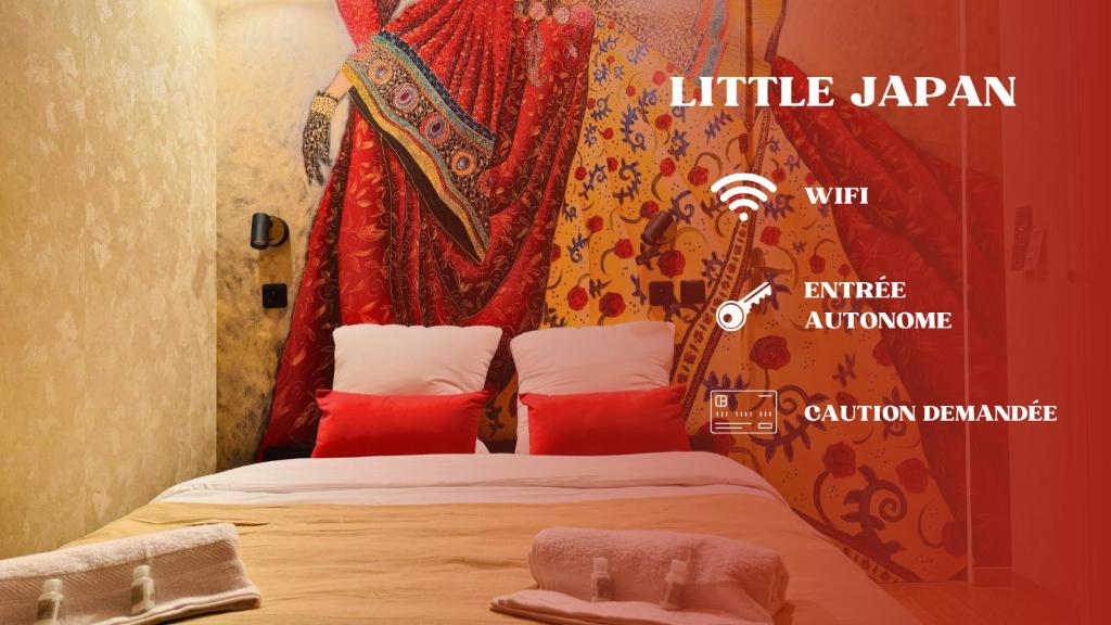 a hotel room with a bed with a curtain over it at Little Japan in Roubaix