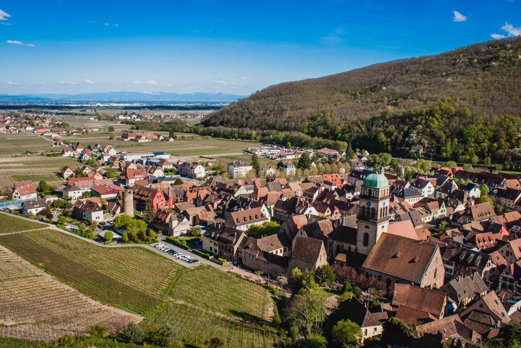 an aerial view of a small town in a valley at Gîte Le 1531 in Kaysersberg
