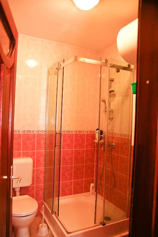 łazienka z prysznicem i toaletą w obiekcie Princess Luxus Apartman w Siófoku