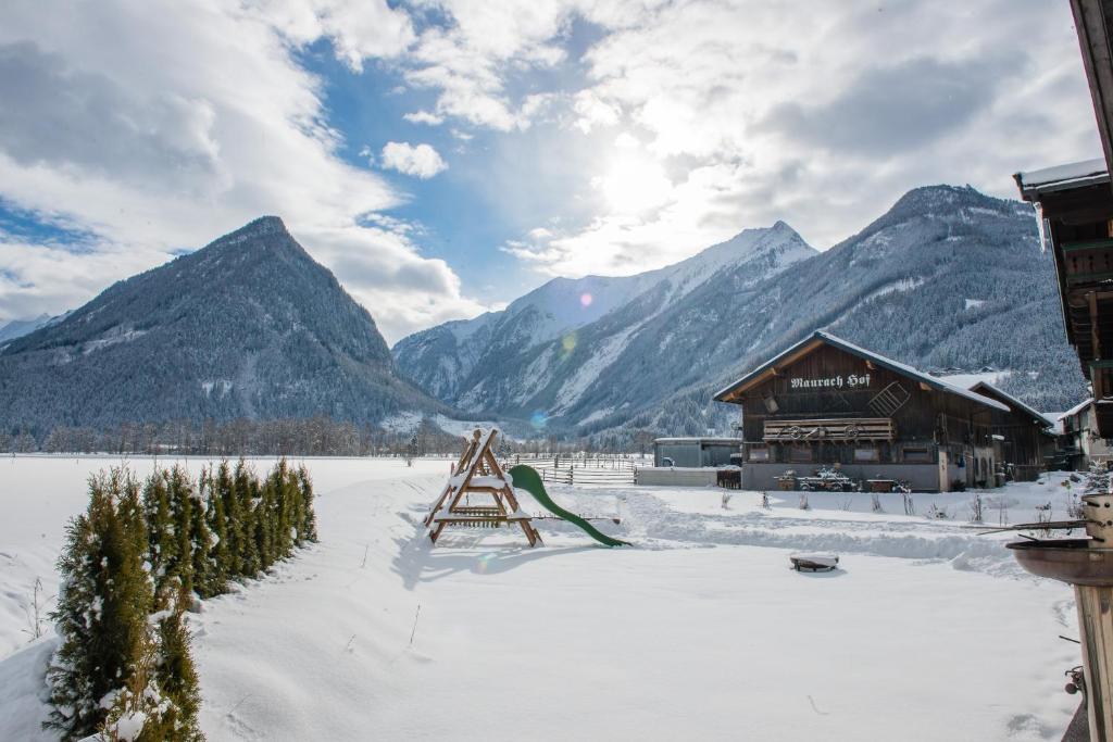 a ski lodge in the snow with mountains in the background at Gästehaus Dreier in Neukirchen am Großvenediger