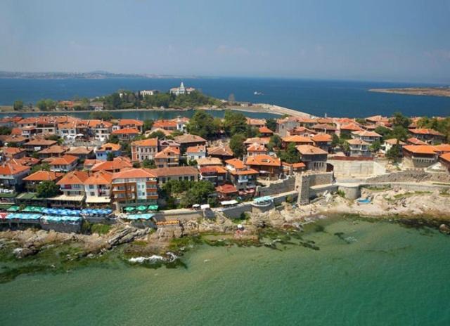 an aerial view of a town on the water at Guest House Rusalka in Sozopol