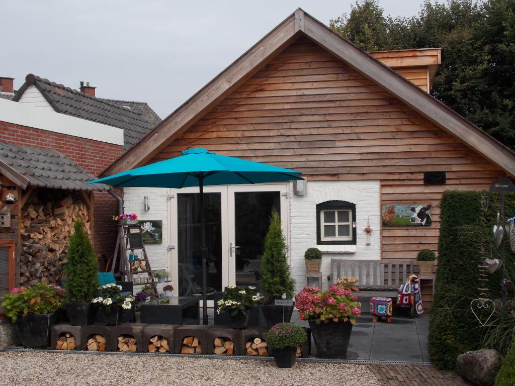 a house with a blue umbrella in front of it at Bij Noetsele in Nijverdal