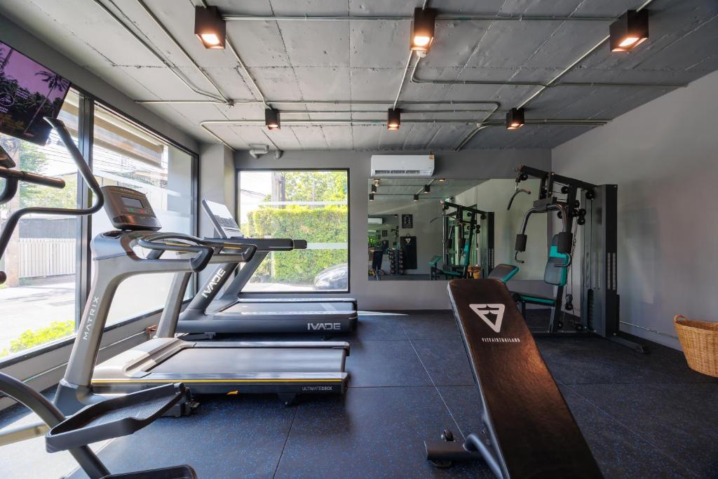 A compact gym with treadmills, a cable machine and mirrors.