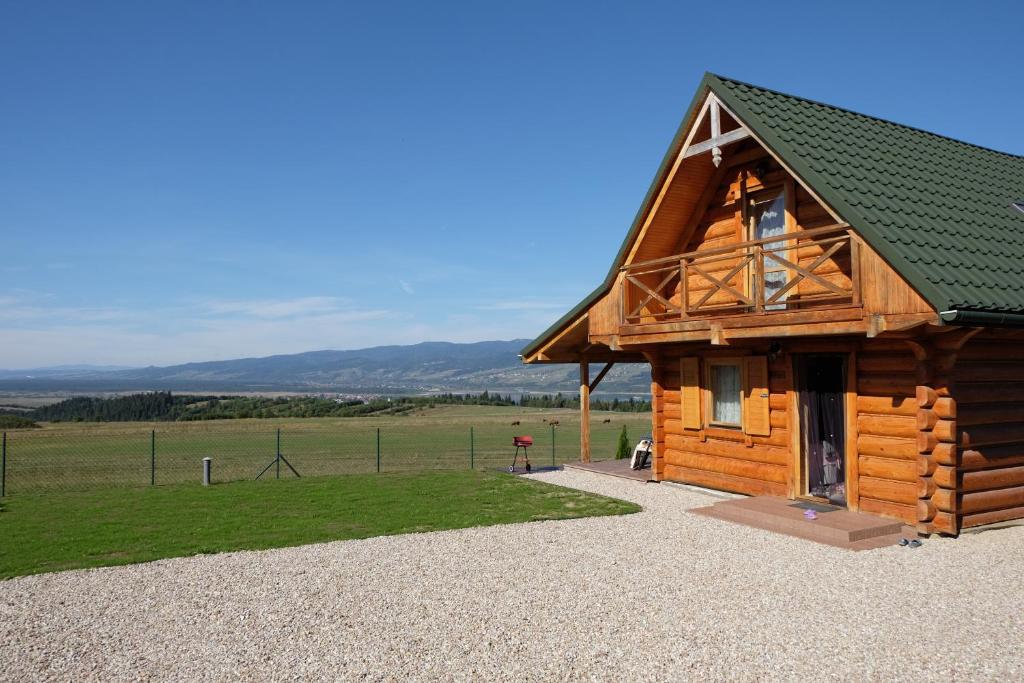 a large wooden cabin with a green roof at Domek na Jagodowym Wzgórzu in Falsztyn