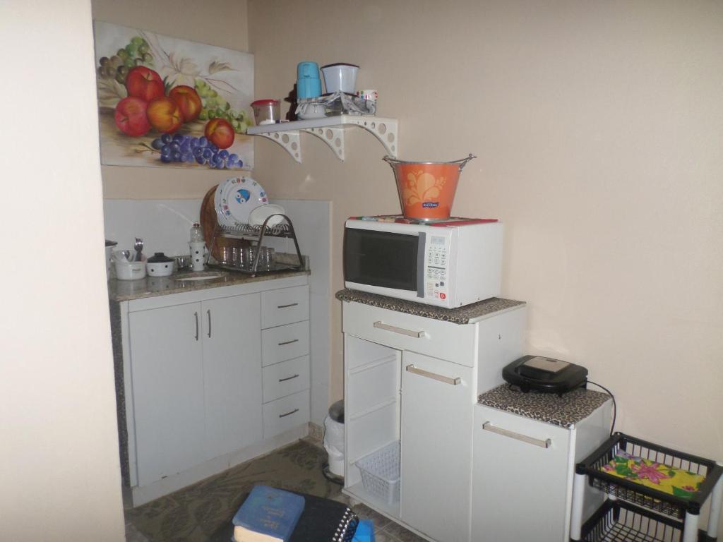 eine Küche mit einer Mikrowelle auf der Theke in der Unterkunft Casa do Aldo in Cabo Frio
