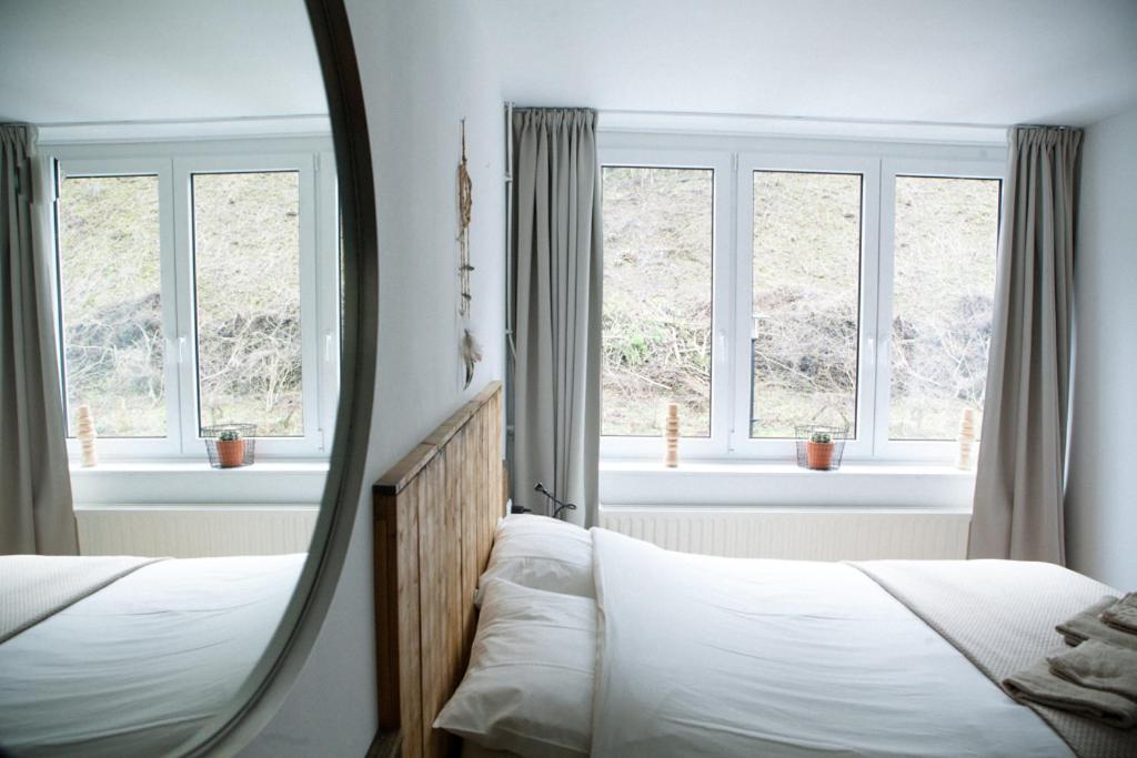 a mirror in a bedroom with two beds and windows at Bed & Breakfast De Plenkert in Valkenburg