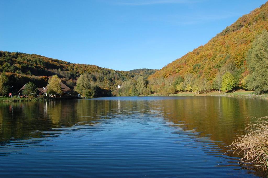 a large lake in the middle of a mountain at Traumhäuser am See in Rieden