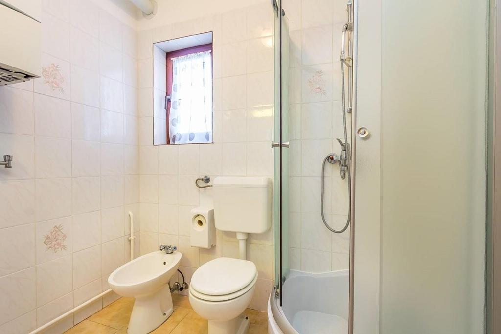 biała łazienka z toaletą i prysznicem w obiekcie Apartment Stelia w mieście Mednjan