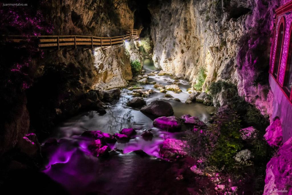 un puente sobre un río en una cueva con flores púrpuras en RURAL EL MAÑo en Castril