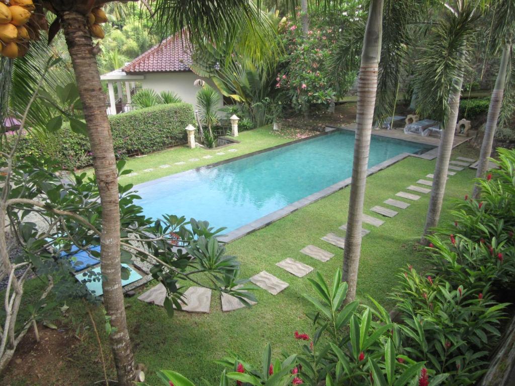 a swimming pool in a yard with palm trees at Villa Bel-Air in Senggigi