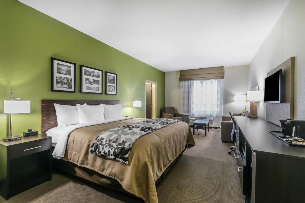 ColumbiaにあるSleep Inn & Suites Columbiaのベッドとデスクが備わるホテルルームです。