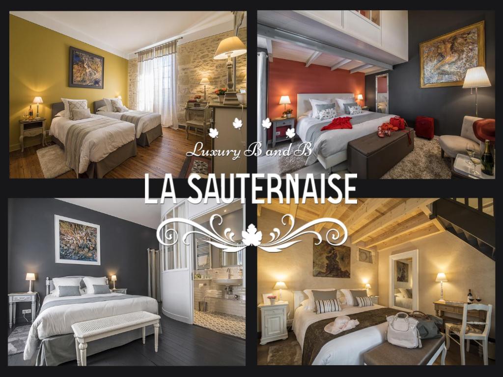 a collage of three pictures of a hotel room at La Sauternaise, luxury Boutique B&B in Sauternes