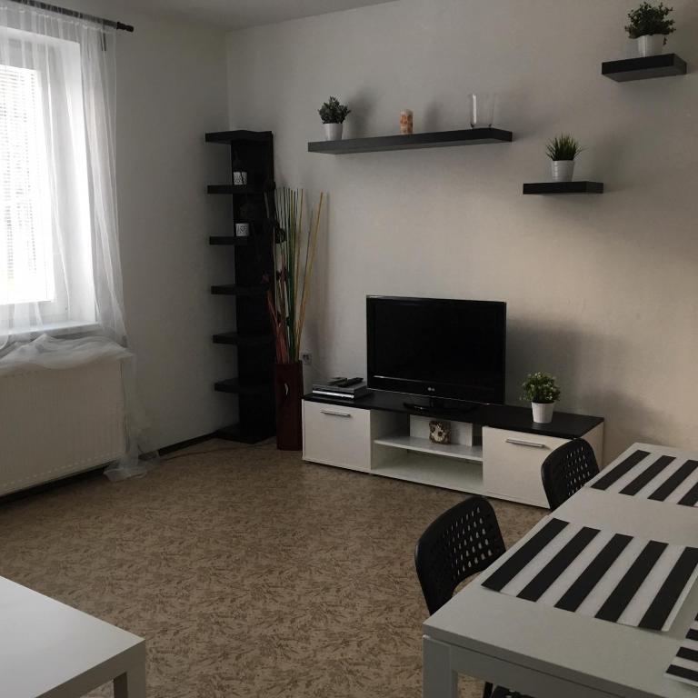 a living room with a flat screen tv and a table at Apartmán Na Horách in Zlatá Olešnice