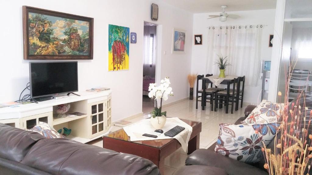 een woonkamer met een bank en een tv bij Dead Sea Yehuda Apartments in Arad