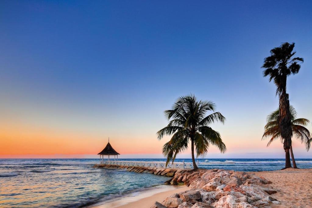 two palm trees on a beach at sunset at Half Moon in Montego Bay