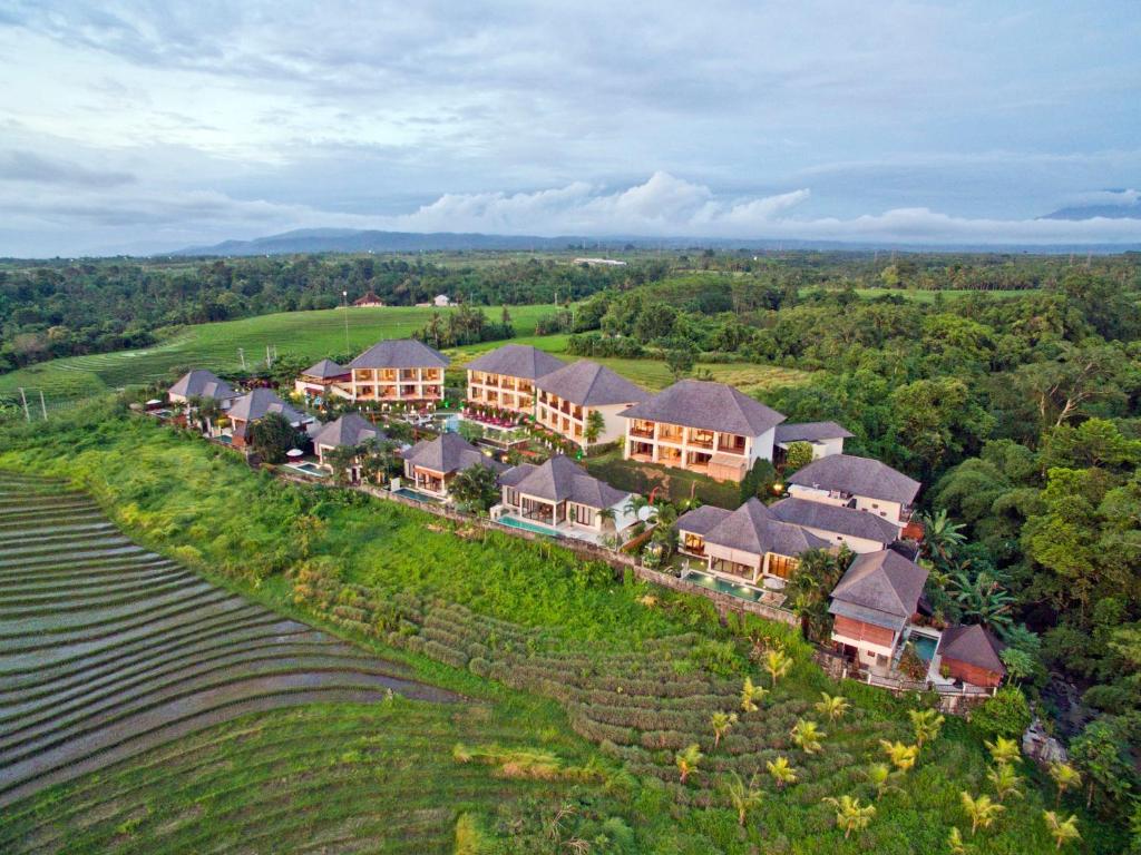 an aerial view of a resort on a rice field at Sahaja Sawah Resort in Tabanan