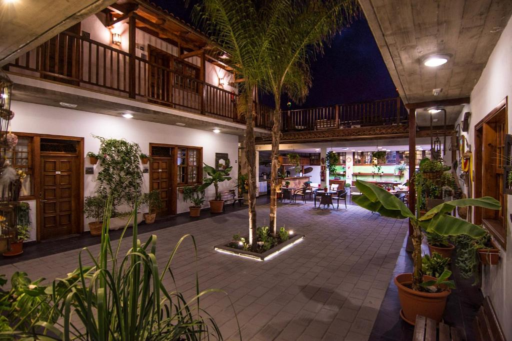 une cour ornée de plantes et un restaurant ouvert la nuit dans l'établissement Gara Hotel, à Garachico