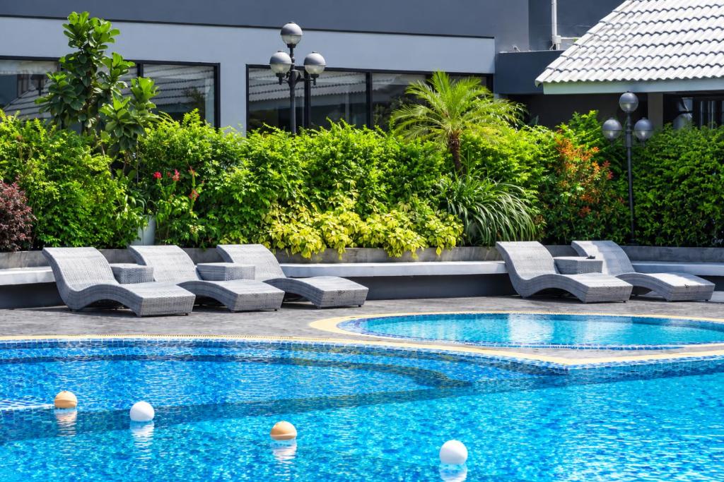 A bright outdoor pool bordered by curved loungers and dense planting.