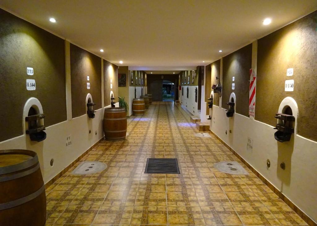 a hallway with a row of barrels in a building at Apart Hotel La Bodega in San Rafael