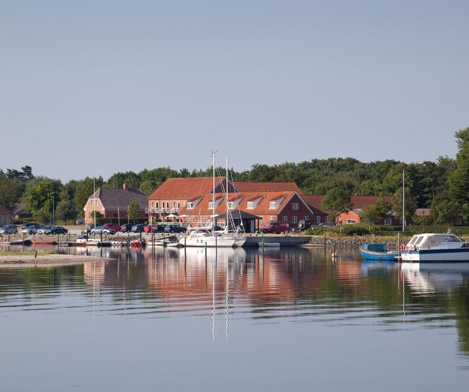 un grupo de barcos están atracados en un puerto en Tambohus Kro & Badehotel, en Hvidbjerg