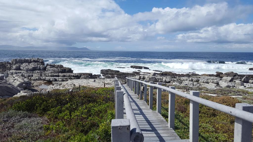 a wooden boardwalk leading to the ocean with waves at Whale View Self Catering Apartment in Hermanus