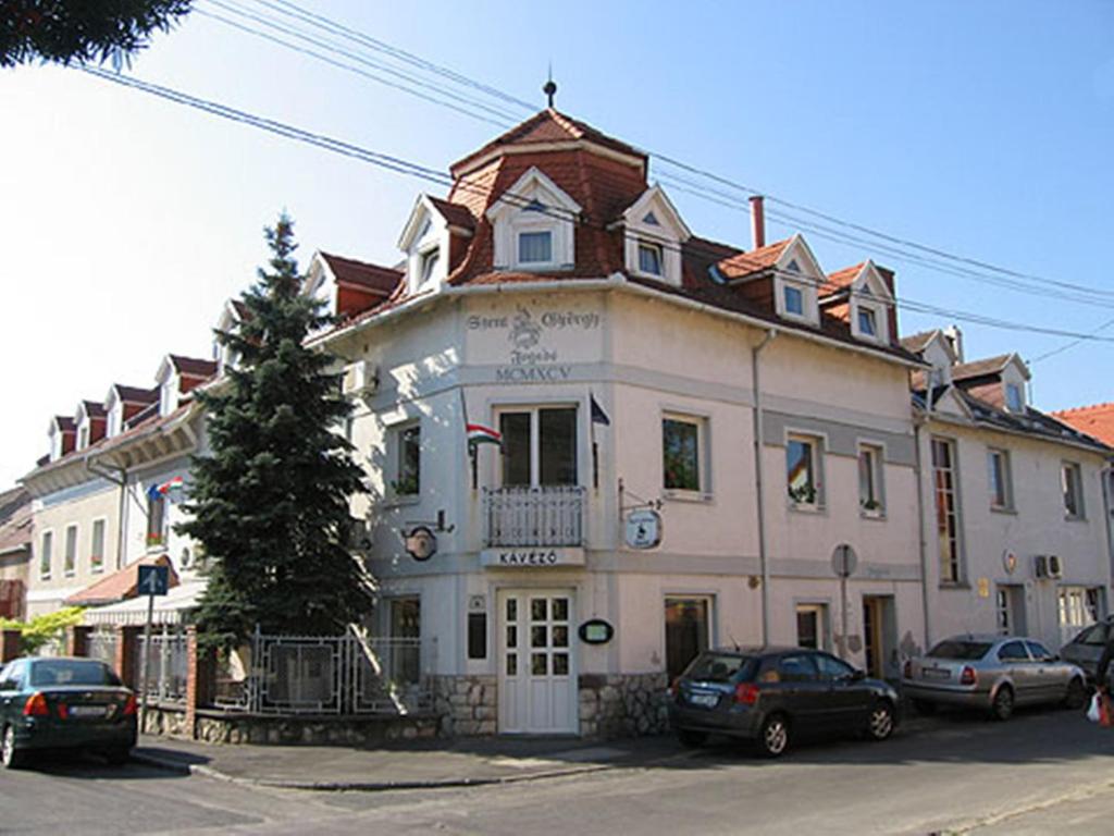een groot wit gebouw met auto's geparkeerd voor het bij Szent György Fogadó in Pécs