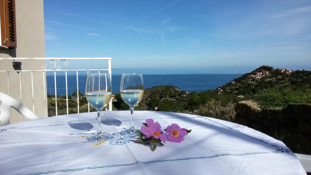 a table with two wine glasses and flowers on it at Appartamento Nature Il Colle in Marciana
