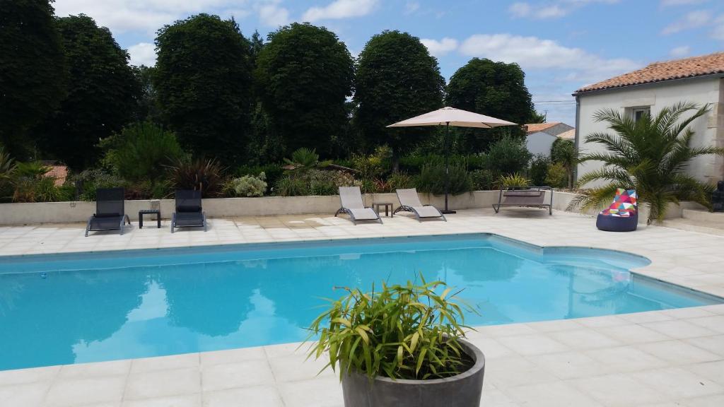 a swimming pool with chairs and an umbrella at Le Clos des Oiseaux in Saintes