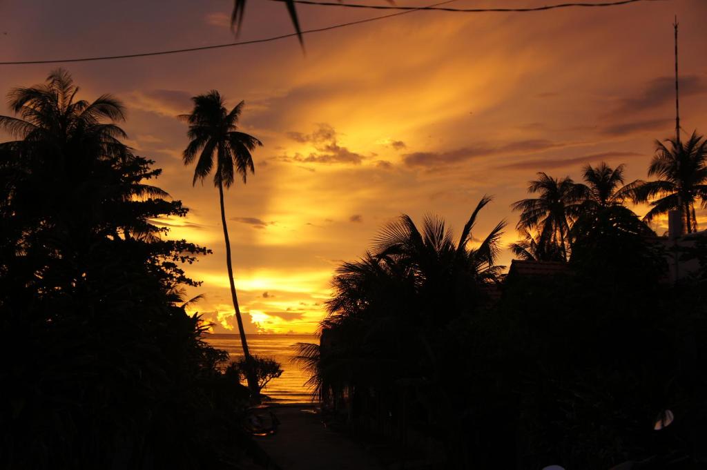 
a sunset view of a city with palm trees at Phu Quoc Kim - Bungalow On The Beach in Phú Quốc
