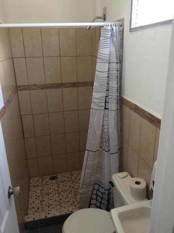 a bathroom with a shower curtain next to a toilet at Palmira Hostel in Tegucigalpa