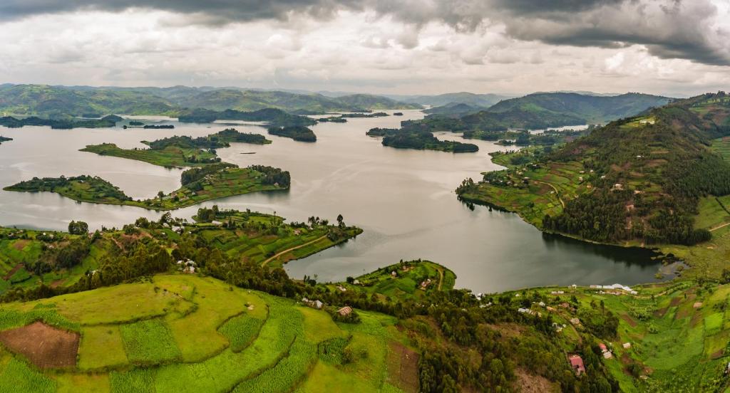 an aerial view of a river in a valley at Lake Bunyonyi Rock Resort in Kabale