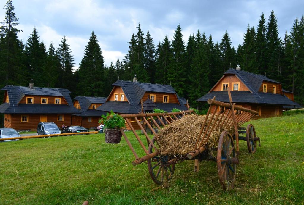 a cart with hay on a field in front of houses at Koliba u Kuba a rekreačné domy in Hruštín