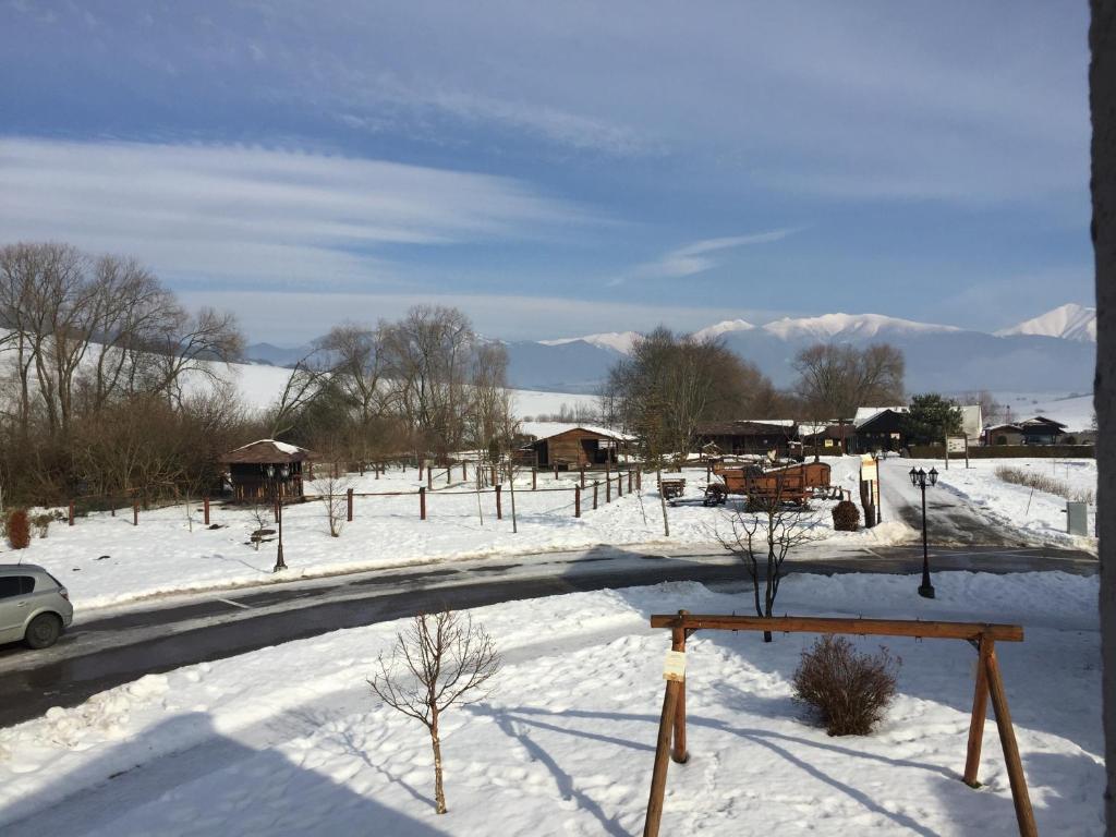 a snow covered field with houses and a road at Tatralandia Romantická Záhrada Chata 345 in Vyšné Malatíny