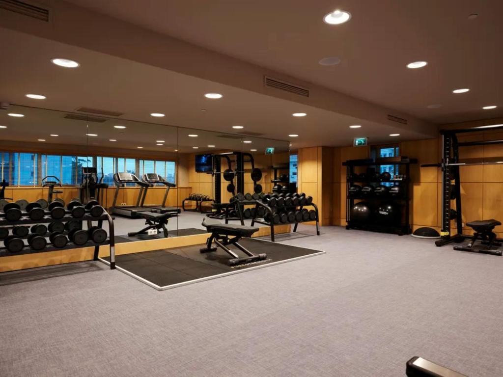 A mirrored strength-training area with cardio machines by the windows.