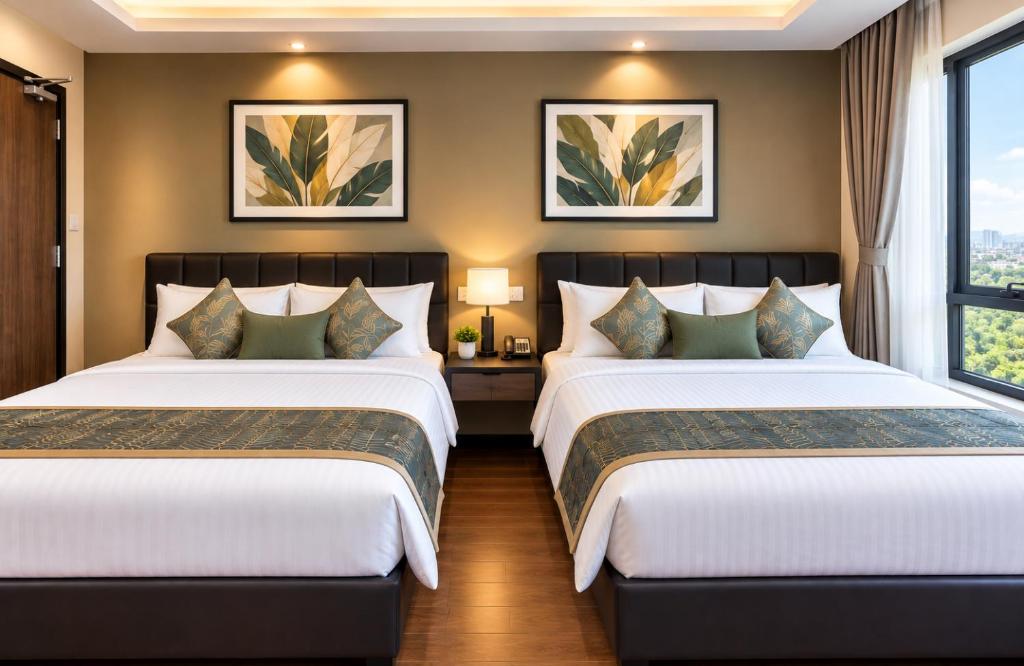 A twin room with two beds and a large window overlooking the surrounding city.