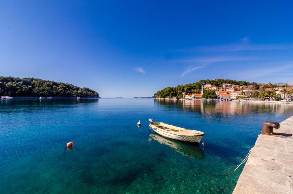 un pequeño barco en el agua junto a una playa en Villa Amoroza Cavtat, en Cavtat