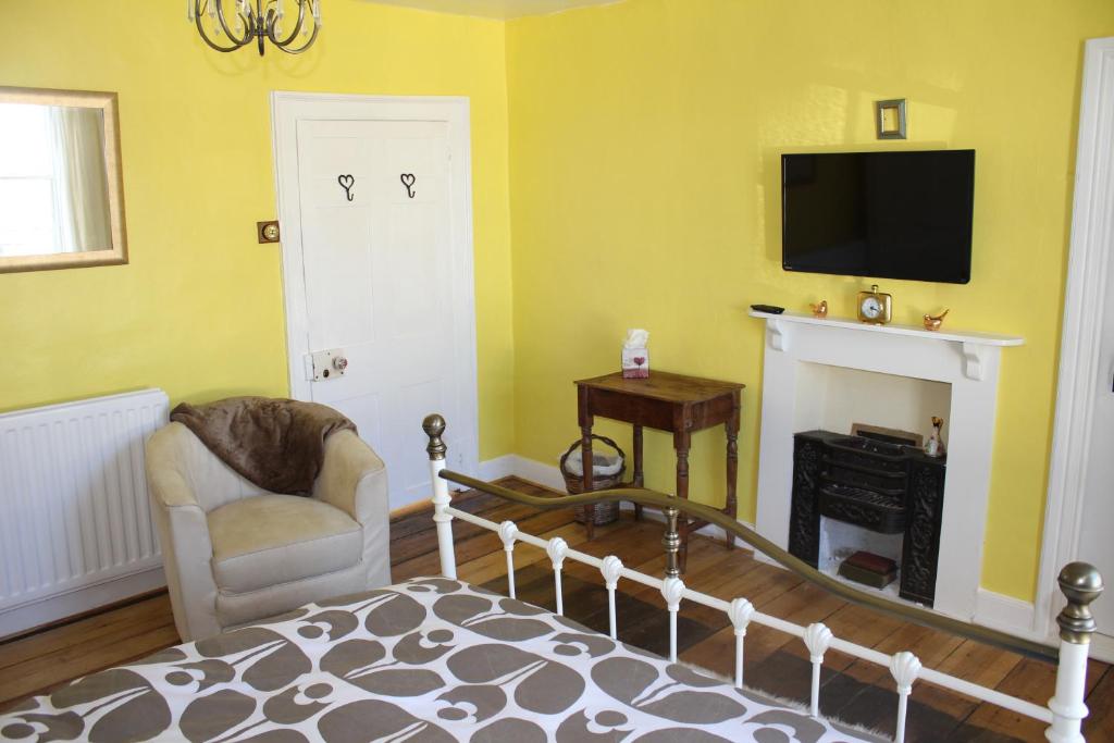 a bedroom with a bed and a tv and a chair at The Olde House in Dunster