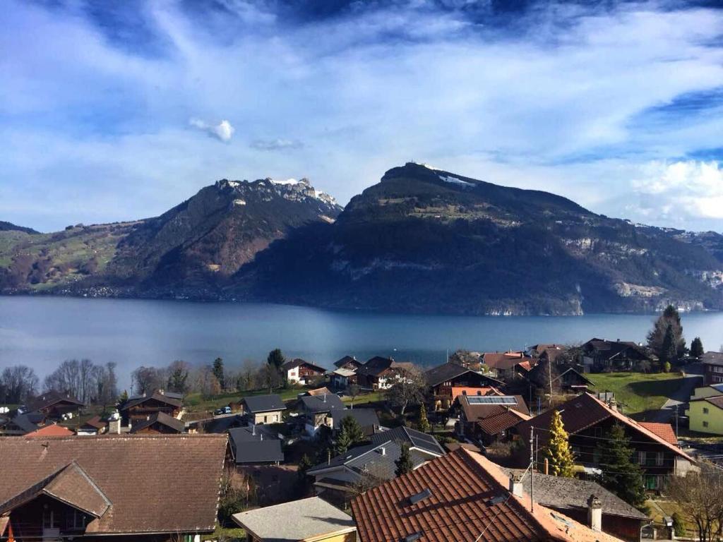 Blick auf eine Stadt mit See und Bergen in der Unterkunft Bellevue Bären Hotel & Restaurant in Krattigen