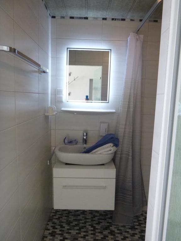 a bathroom with a sink and a mirror at Haus Delphin in Bad Wildungen