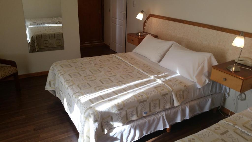 a bedroom with a bed and a night stand with a lamp at Apart Hotel Austral in Río Gallegos