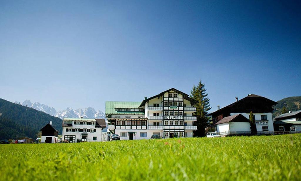 a large building in a field of green grass at Apartment Almröserl Edelweiss in Gosau
