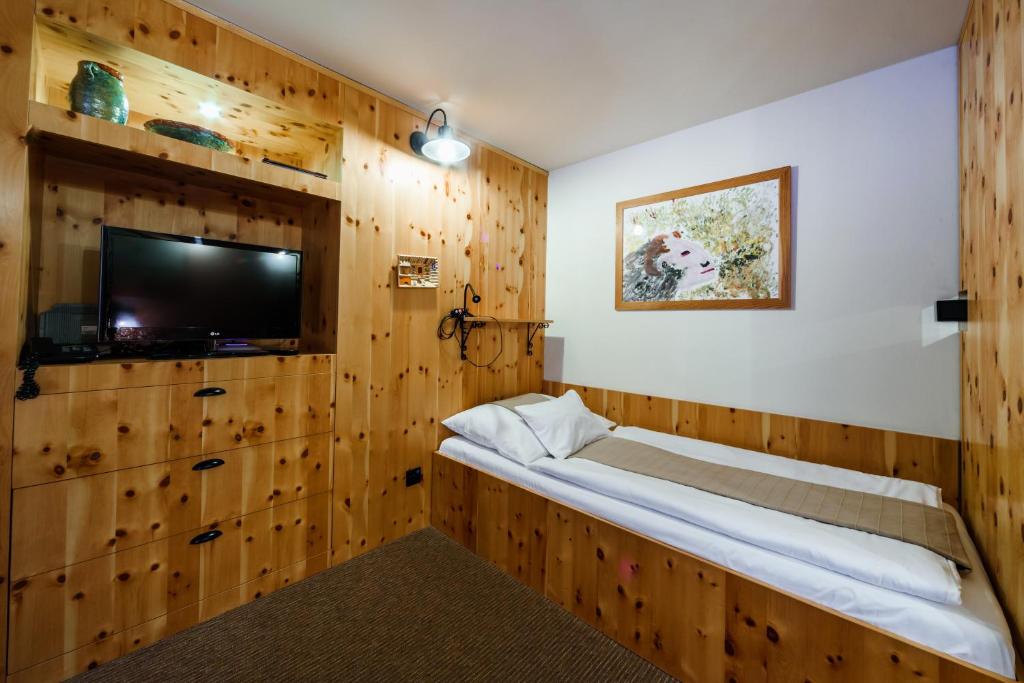 Zimmer mit einer Holzwand, einem Bett und einem TV in der Unterkunft Penzion Ovečka in Nýdek