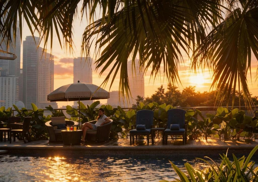 A rooftop pool scene overlooking Kuala Lumpur’s skyline at sunset.